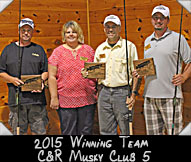 2015 Winning Team C&R Musky Club 5 - Mark Steinbach, Greeter Janelle Lone, Dan Kirk, Nick Peeters