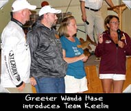 Greeter Wanda Hase introduces Team Keelin