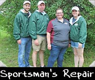 Sportsmans Repair Shop 2023 - Bob Knoll, Randy Lewandowski, Greeter Sally Salber, Amy Weeks
